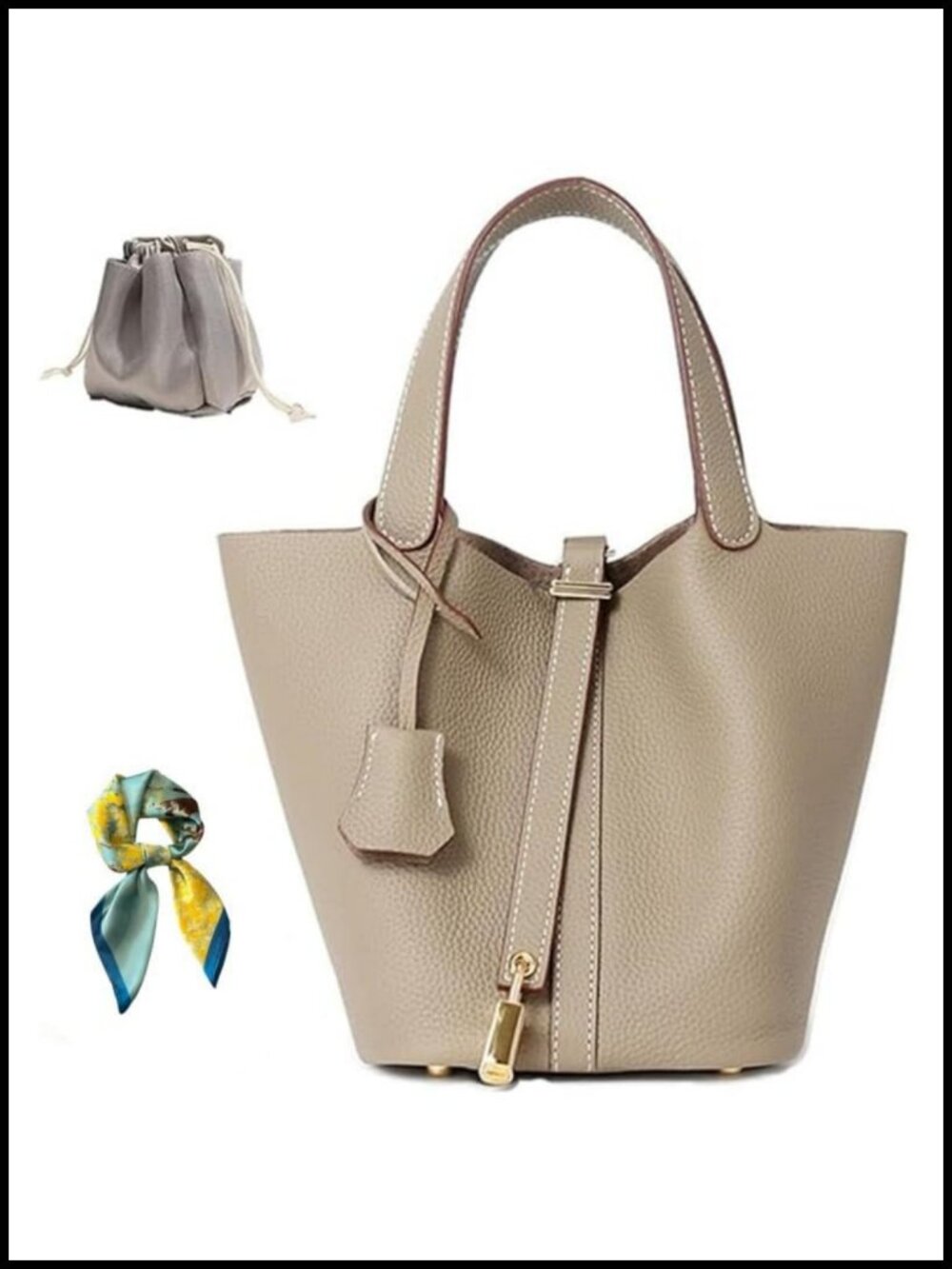 Genuine Leather Bucket Bag Lock Design Shoulder Handbag Versatile Top-Handle